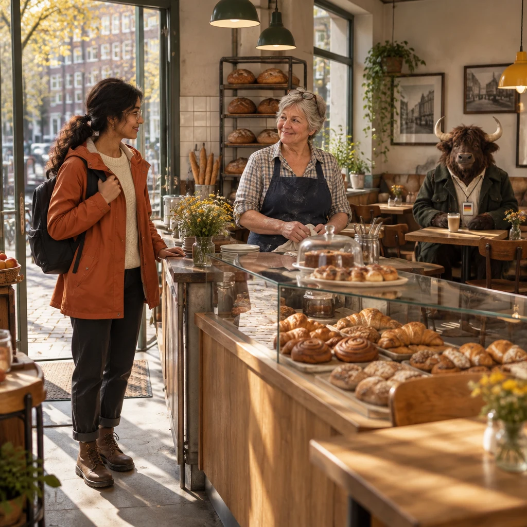 Priya arrives with her market bag as Renate waits behind the counter and Anton sits beside his full Milchkaffee.