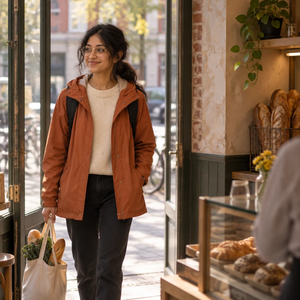 Priya steps into the bakery carrying the bag she brought back from the market.