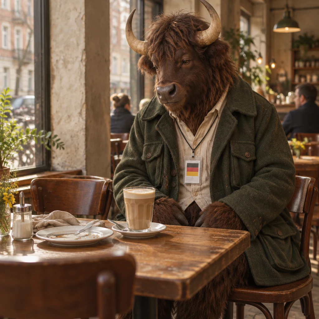 Anton sits beside his untouched full Milchkaffee and an empty breakfast plate.