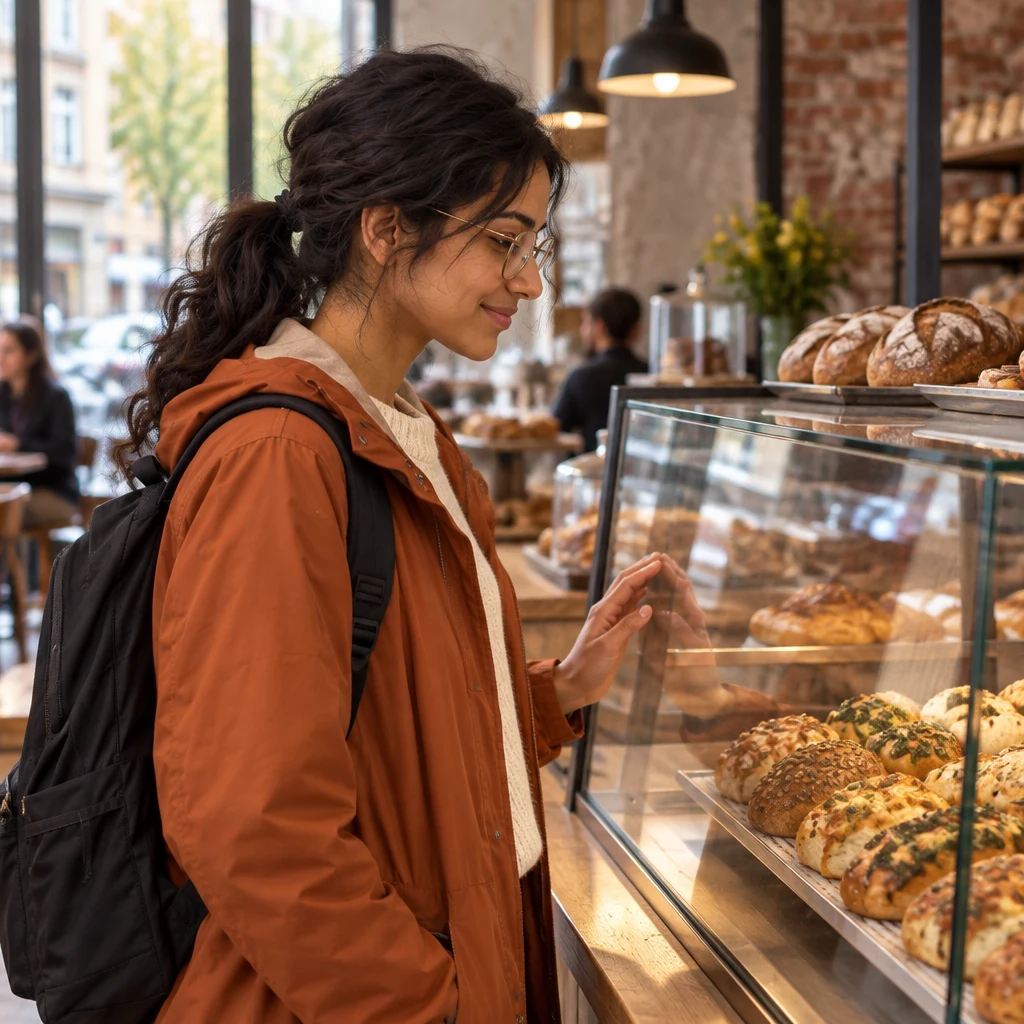 Priya studies the savory rolls in the glass food case while resting one hand on the glass.