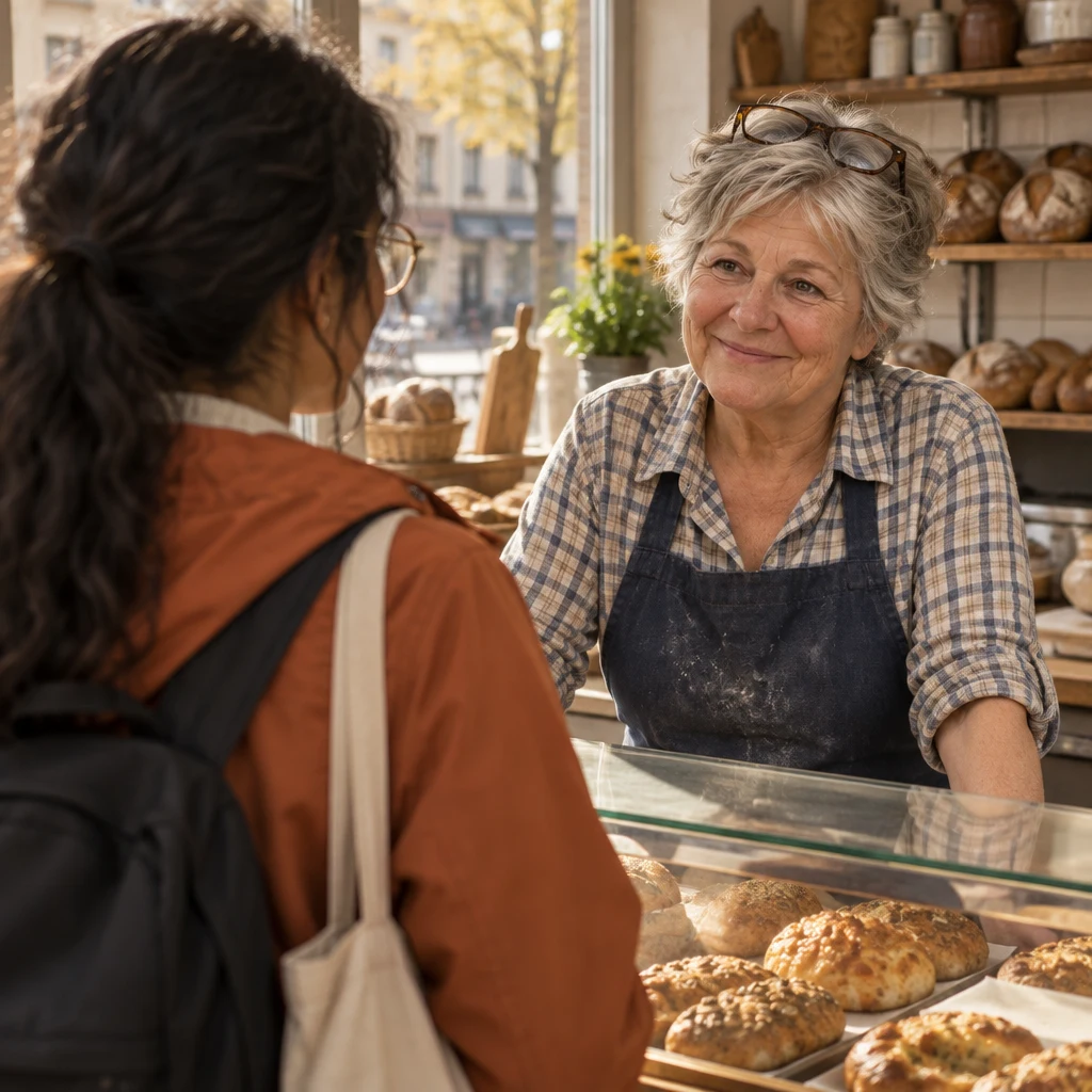 Renate leans toward Priya across the counter as they talk about whether she has eaten.