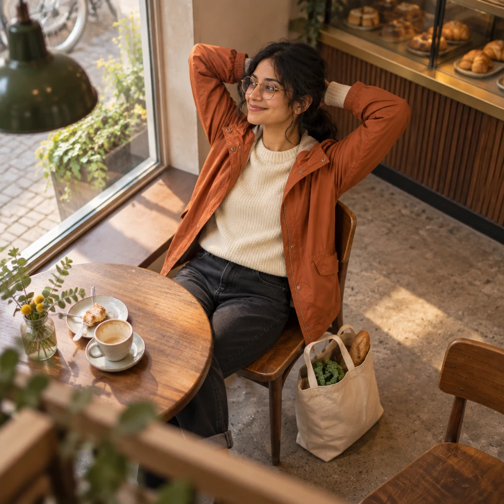 Priya sits by the bakery window and stretches her arms back, with her market bag on the floor nearby.