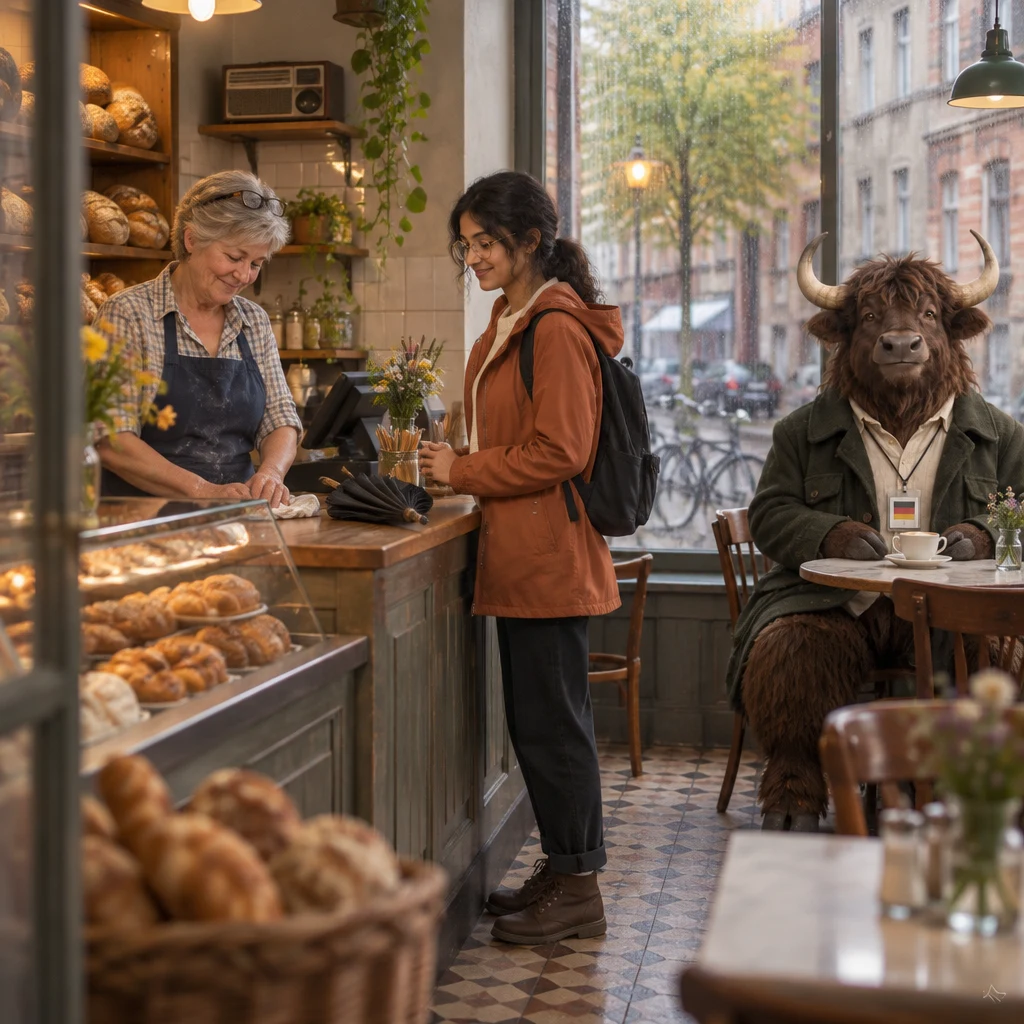 Renate wipes the counter as Priya waits nearby and Anton sits beside his untouched Milchkaffee while the radio carries the forecast.