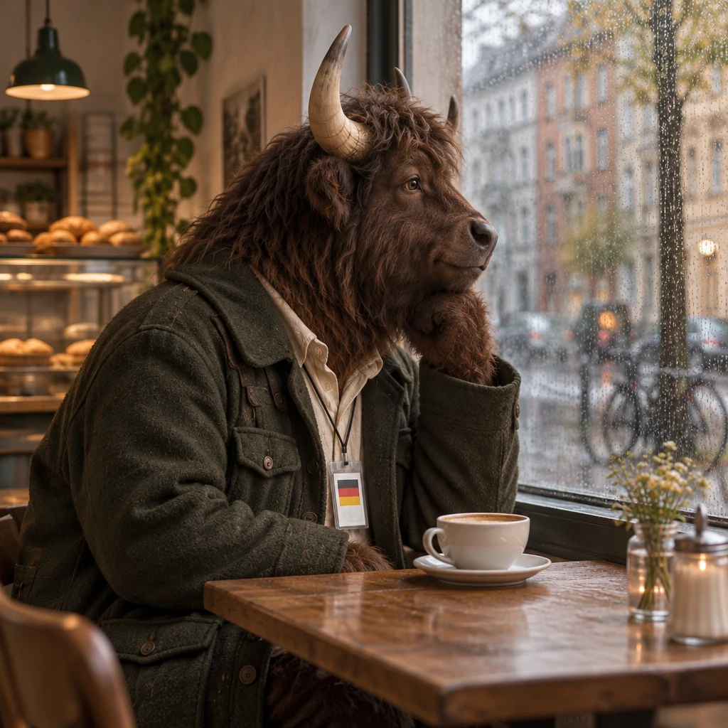 Anton turns toward the wet bakery window, his full Milchkaffee still untouched beside him.