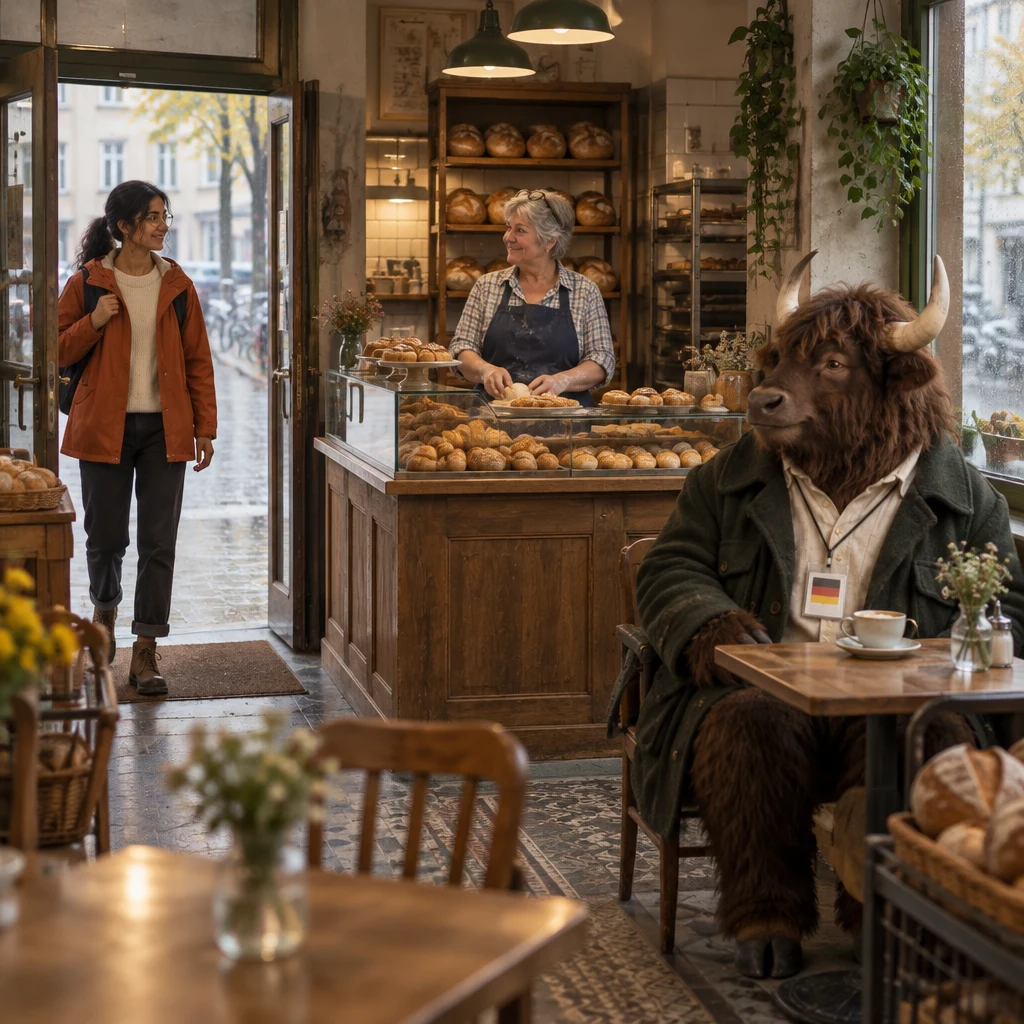 Priya enters the rainy bakery while Renate works at the counter and Anton sits at the corner table.