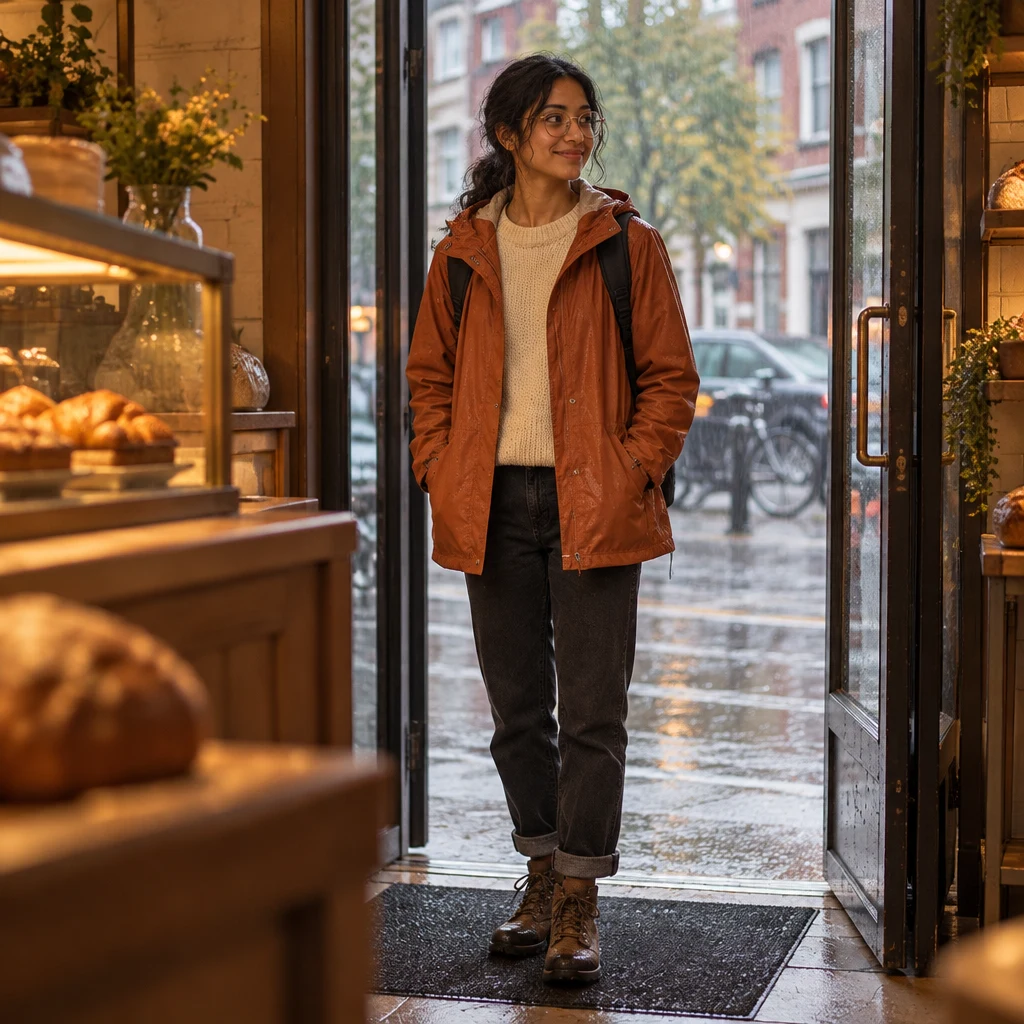 Priya stands just inside the bakery doorway, wet from the rain and without an umbrella.