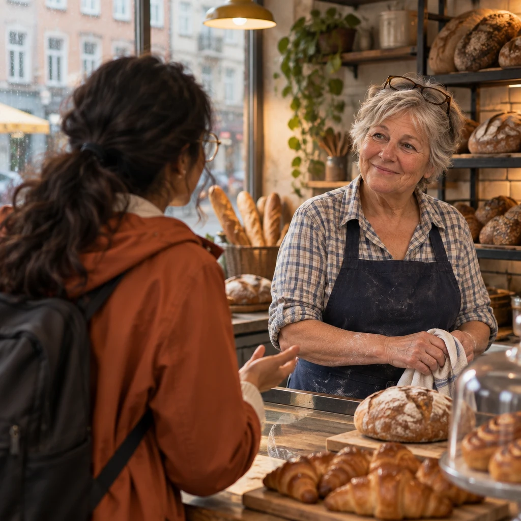 Priya leans toward Renate at the counter to ask where lost and found is.