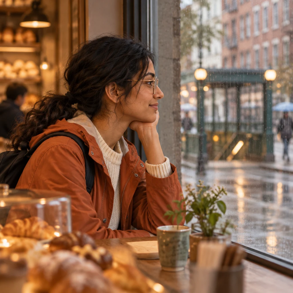 Priya looks through the rainy bakery window toward the U-Bahn entrance as she recalls leaving her umbrella there.