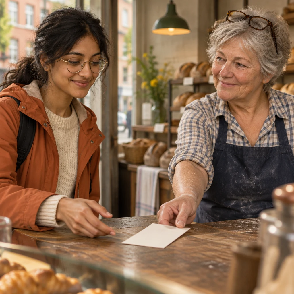 Priya reaches for a blank scrap of paper as Renate slides it across the counter.