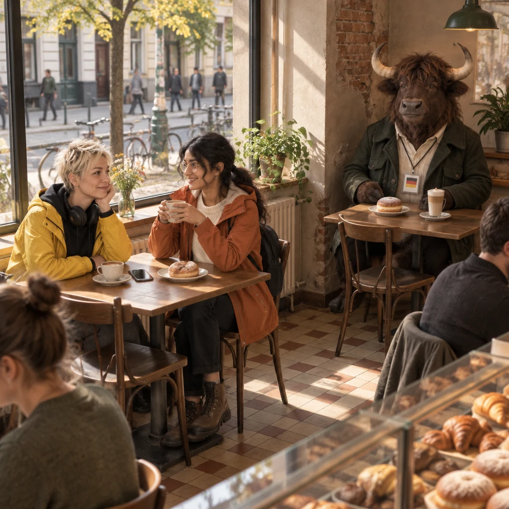 Jule and Priya plan at a bakery table while Anton notices them from the corner.