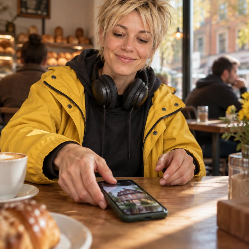 Jule sets her phone on the table with a hotel image glowing on its screen.