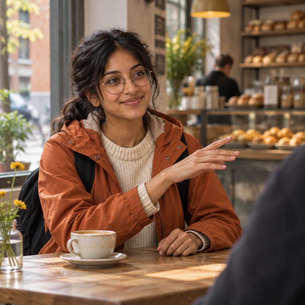 Priya gestures forward as she agrees to the weekend plan.