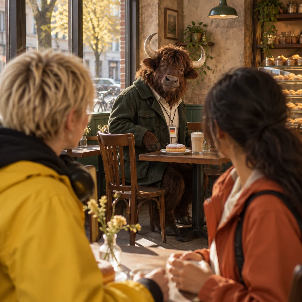 Anton turns toward Jule and Priya, interested in their Hamburg weekend plan.