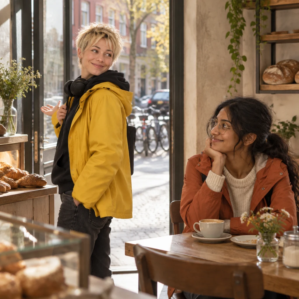 Jule turns toward the sunlit bakery doorway as she and Priya discuss leaving Friday evening.