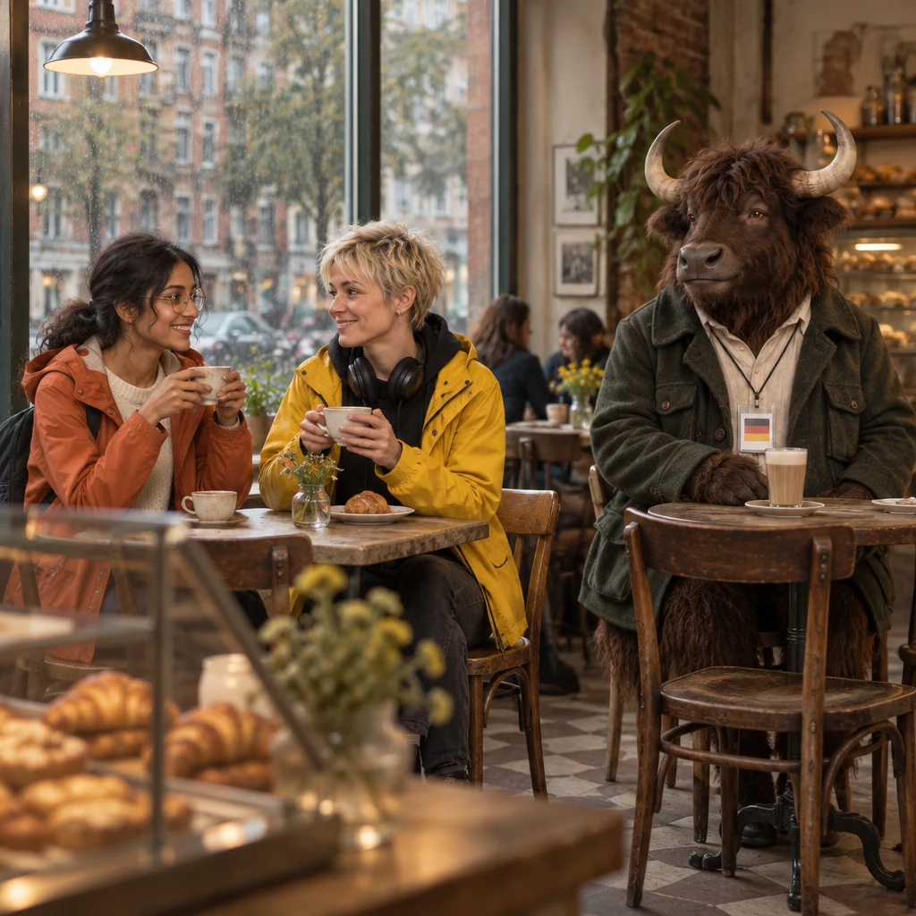 Priya and Jule talk over coffee while Anton sits at the corner table with his untouched Milchkaffee.