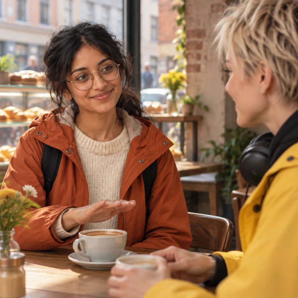 Priya gently shakes her head and makes a palm-down gesture over her coffee.
