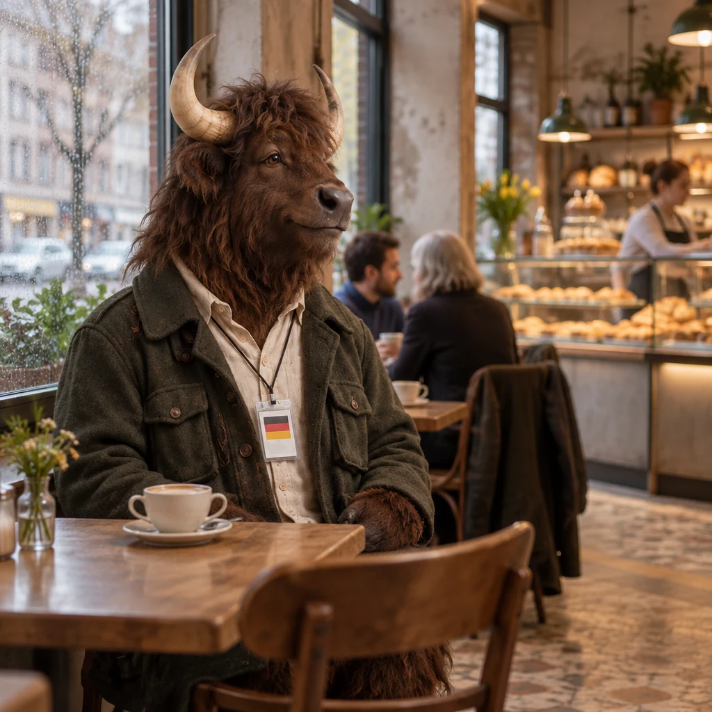 Anton sits turned toward the conversation beside his untouched Milchkaffee.