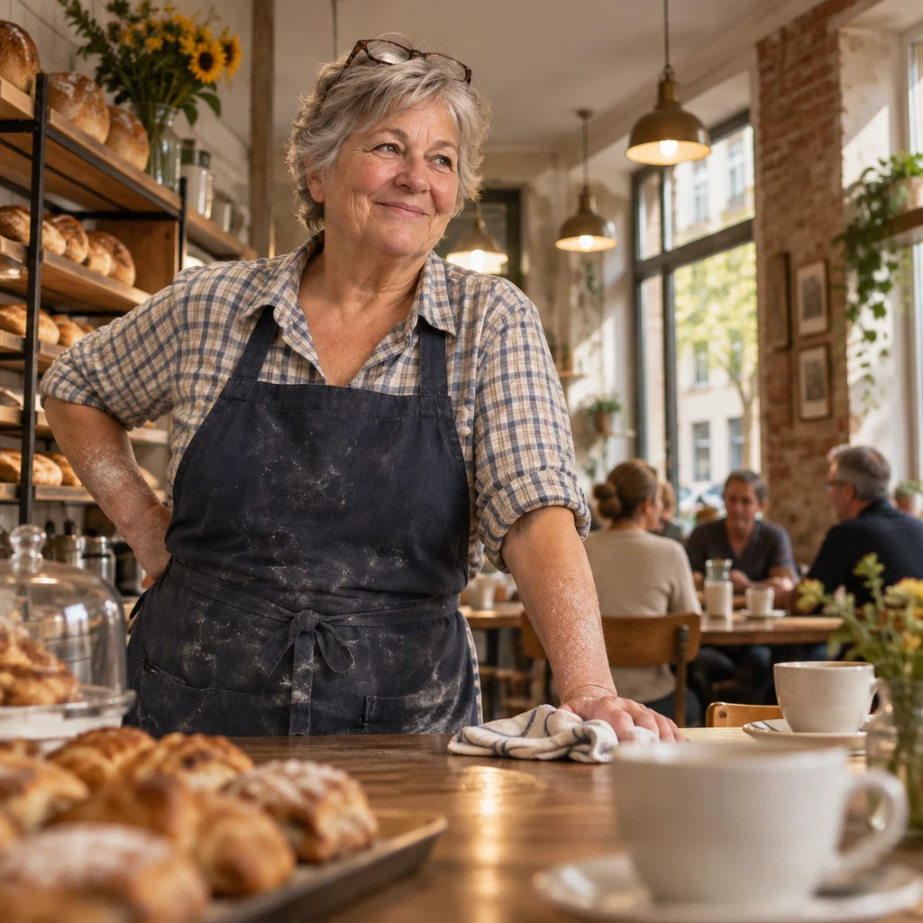 Renate stands at the counter with the cloth set down, looking toward the tables.
