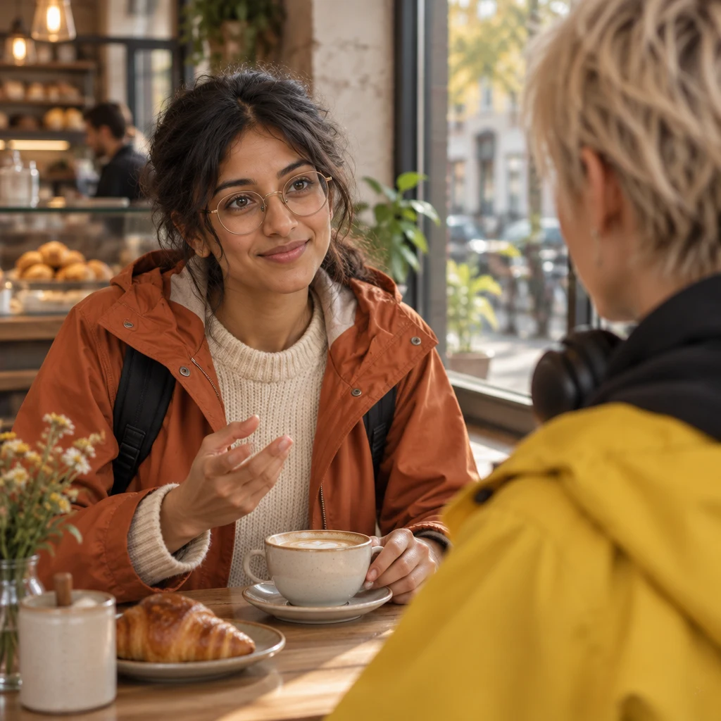Priya leans toward Jule and lifts a hand in a gentle correction.