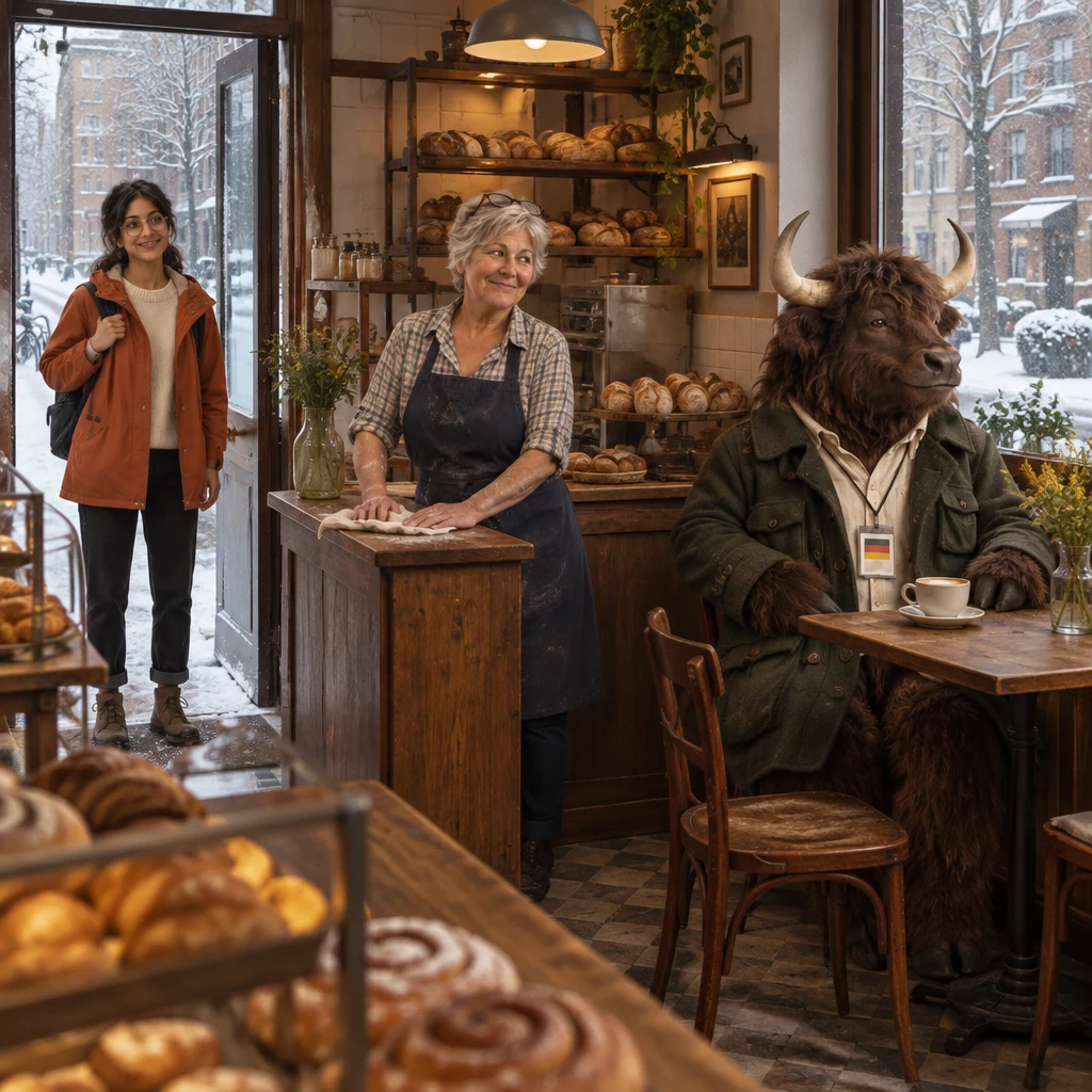 Priya enters the bakery as Renate tends the counter and Anton sits at the corner table beside his untouched coffee.