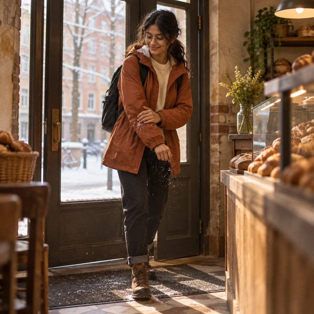 Priya shakes snow from her coat just inside the door, turned toward the warmth of the bakery.