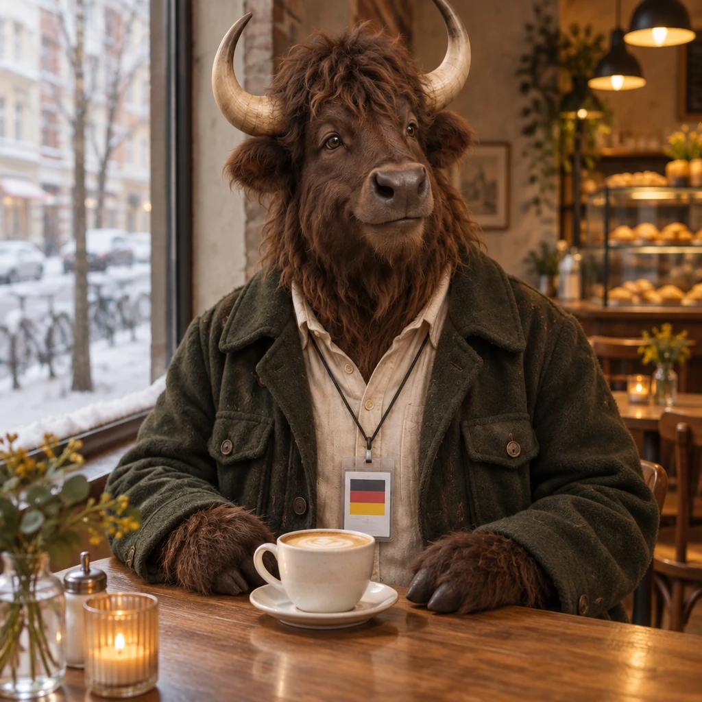 Anton sits at the corner table with his Milchkaffee still untouched.