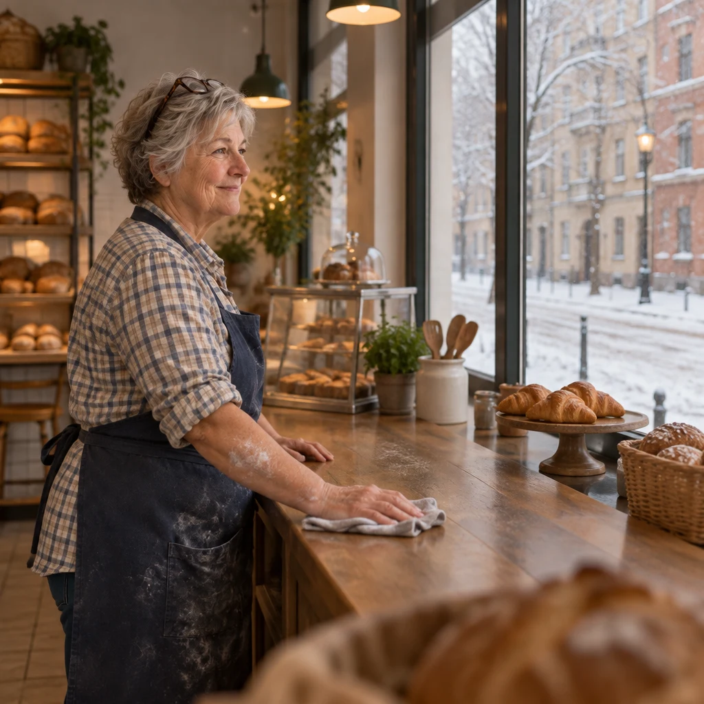 Renate wipes the counter and nods toward the empty street as she settles in to wait.