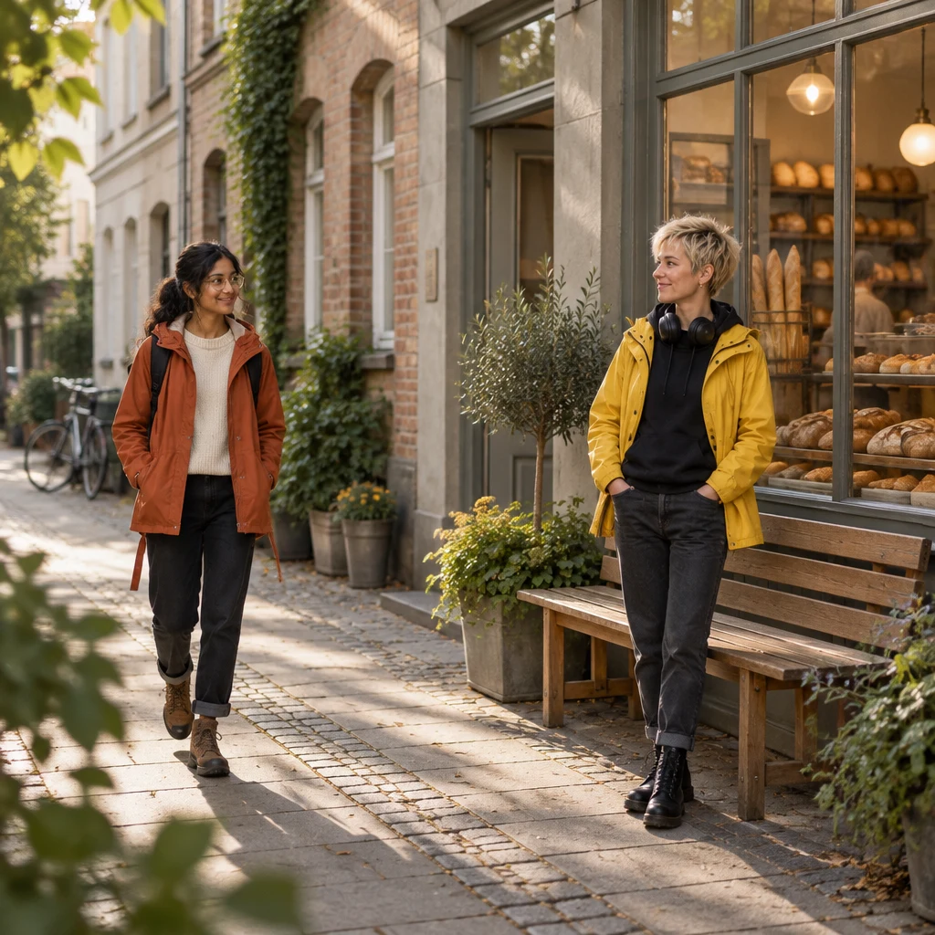 Priya arrives on the pavement where Jule is waiting beside the wooden bench outside the bakery.