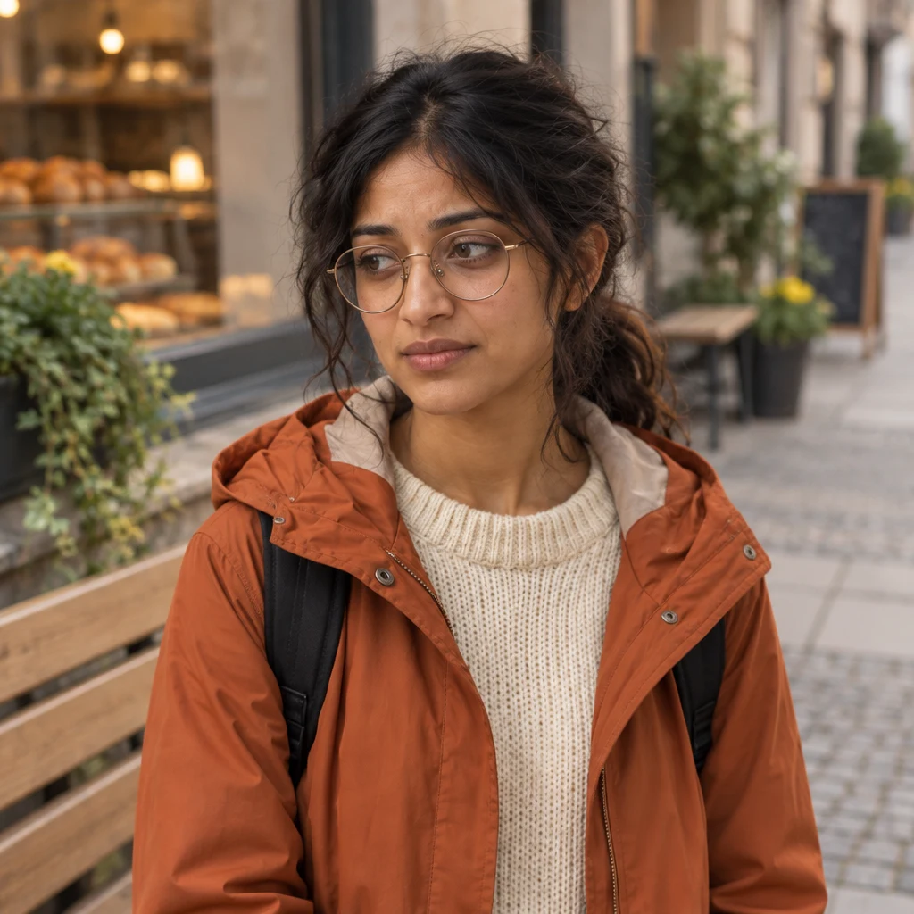 Priya pauses beside the bench, visibly weighed down by the day.