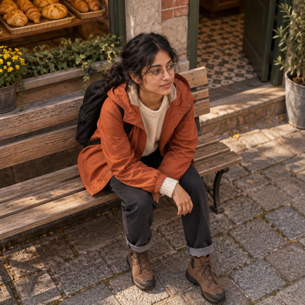 Priya sits slumped on the wooden bench, struggling to keep going.