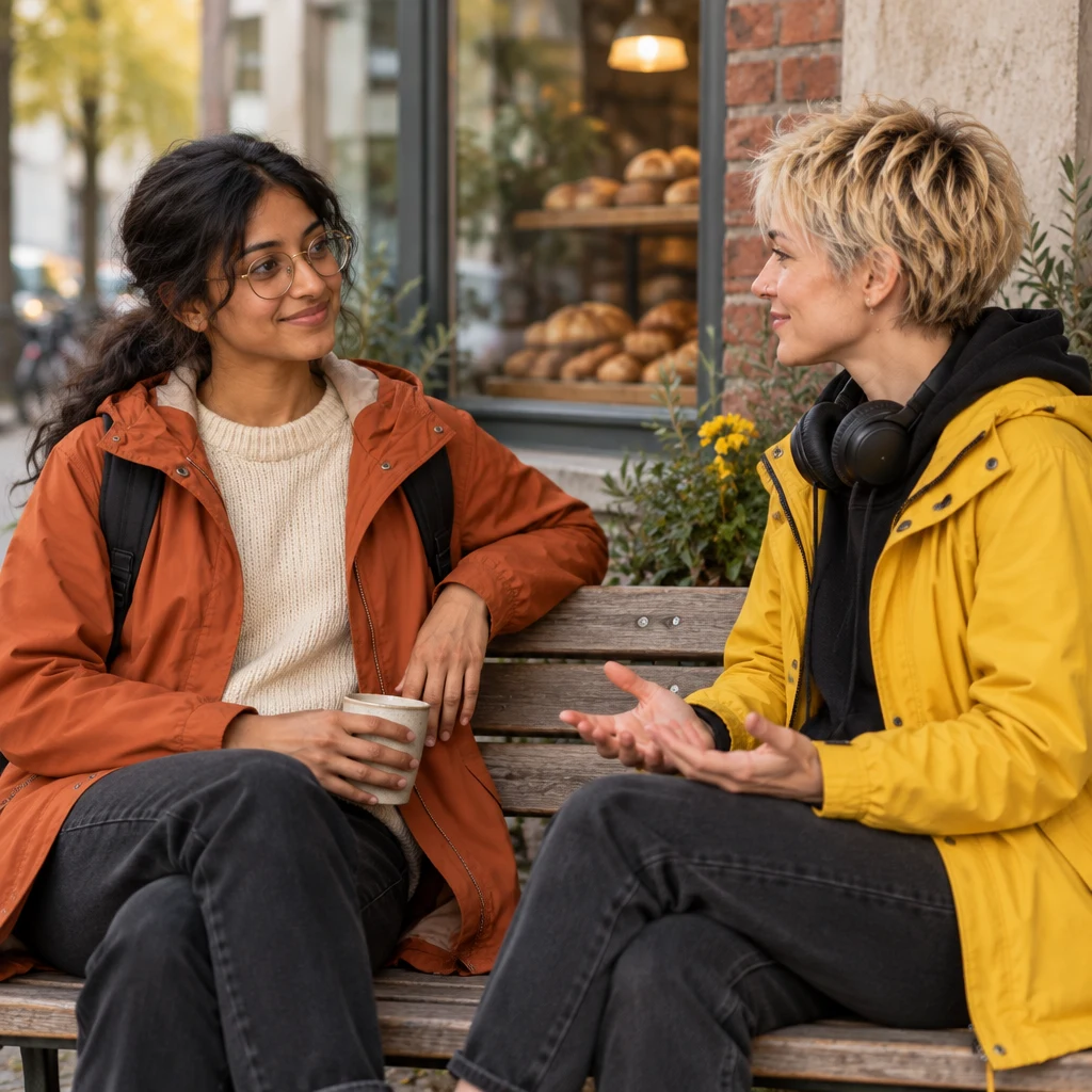 Priya begins to relax on the bench while Jule sits beside her.