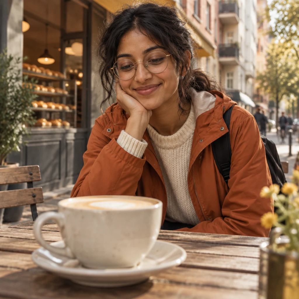 Priya smiles as she thinks about the still-full coffee at the corner table.