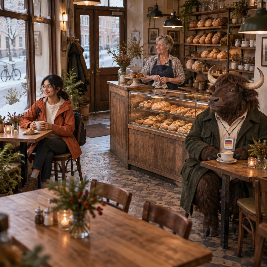 Priya sits at a small table while Renate watches the door and Anton rests beside his untouched coffee.