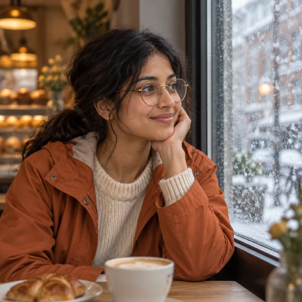 Priya turns toward the snowy window, settled in her chair indoors.