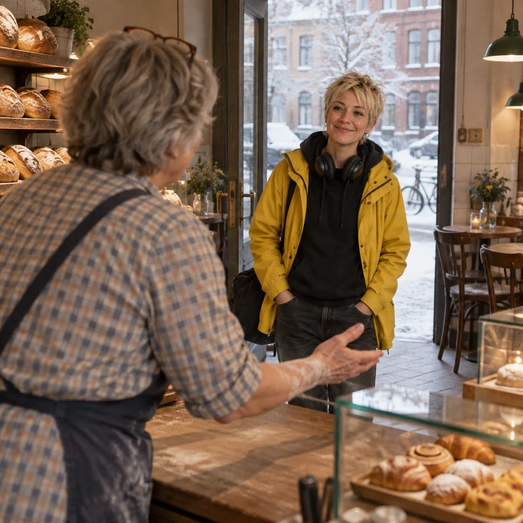 Renate welcomes Jule from the counter as Jule arrives at the bakery door.