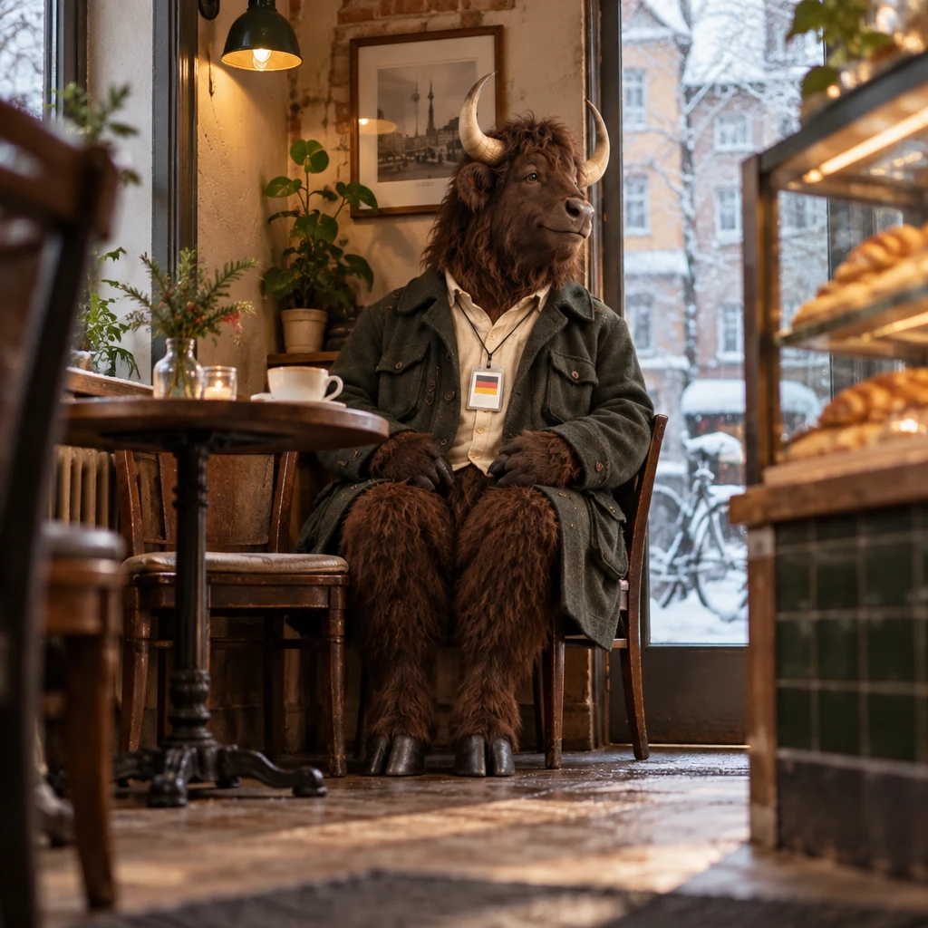 Anton settles in the bakery corner beside his untouched coffee with milk.