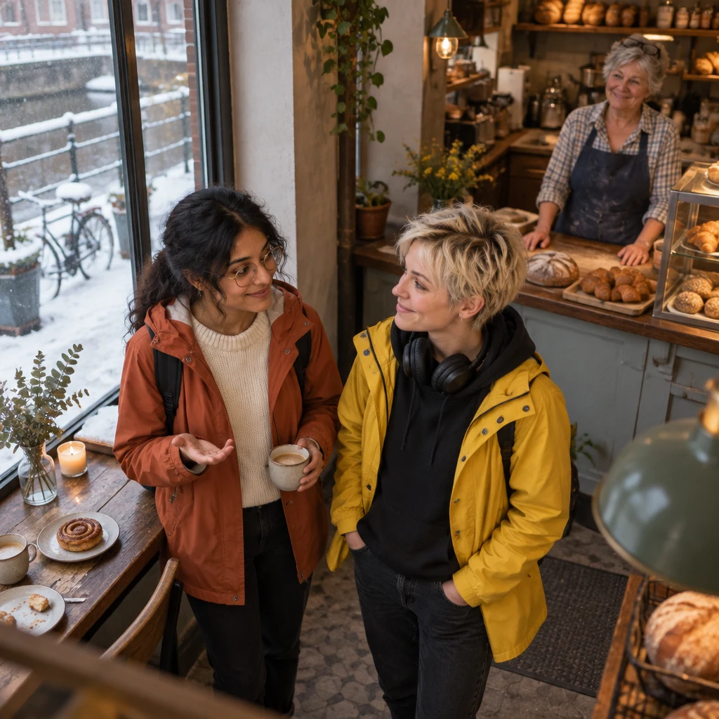 Priya and Jule calmly consider postponing their canal walk while Renate watches from the counter.