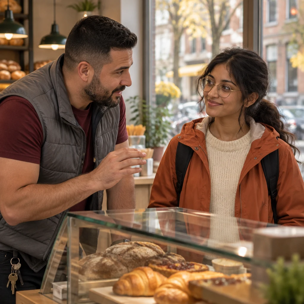 Deniz leans toward Priya at the counter and lifts one hand as he shares a piece of news.