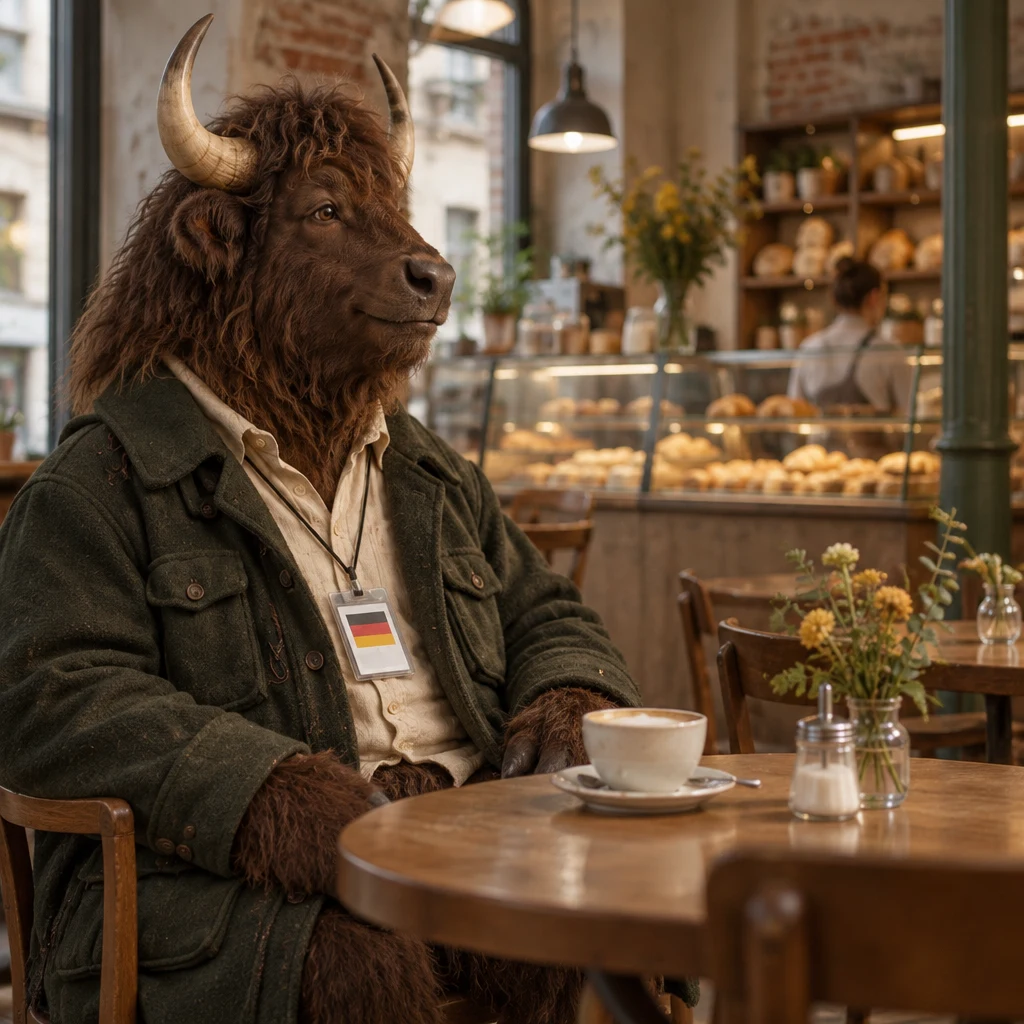 Anton turns from his untouched coffee toward the counter as the conversation continues.