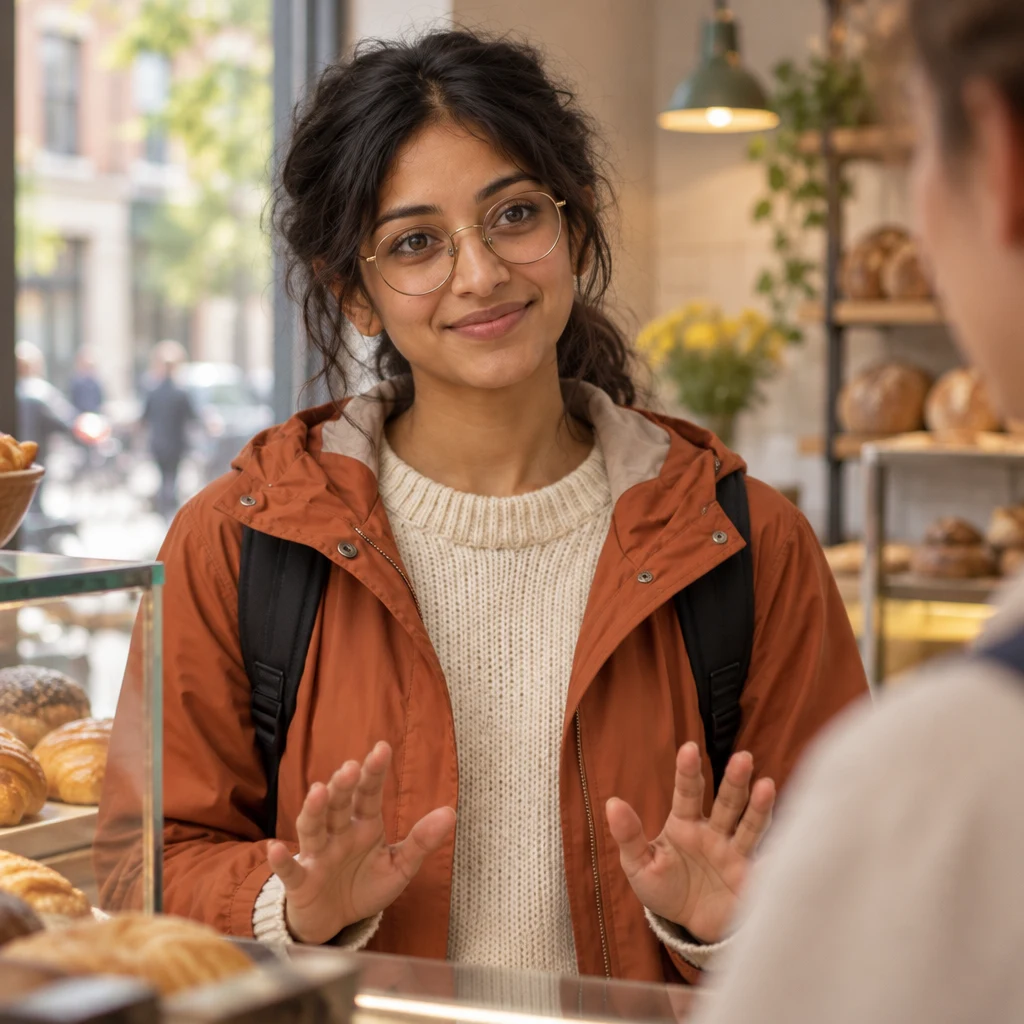 Priya responds cautiously at the counter, holding her hands slightly raised.