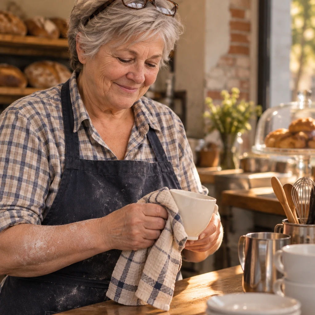 Renate keeps wiping a cup behind the counter without looking up.