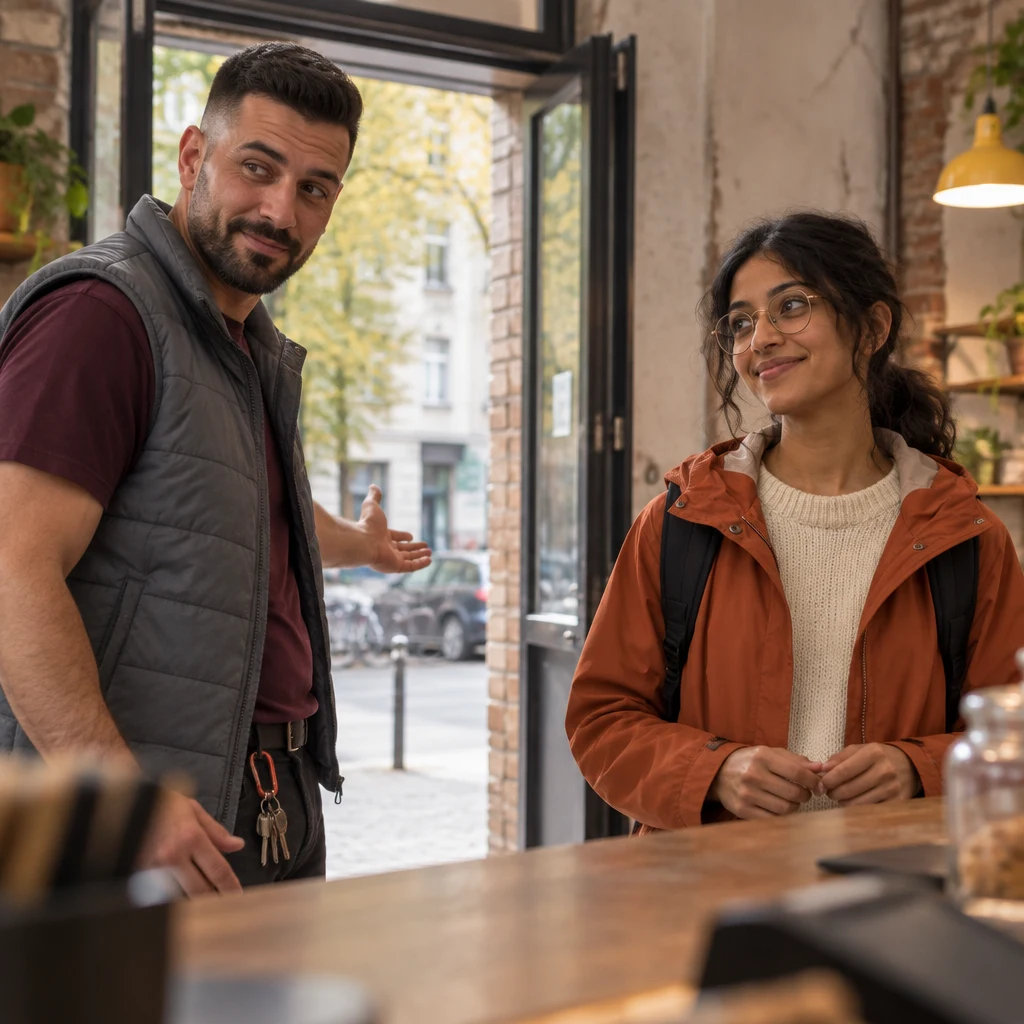 Deniz gestures toward the bakery entrance while Priya faces him across the counter.