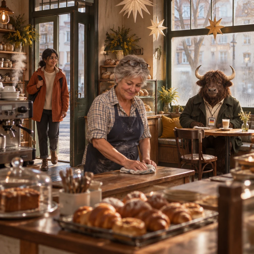 Priya has just entered the bakery while Renate wipes the counter and Anton waits at the corner table.