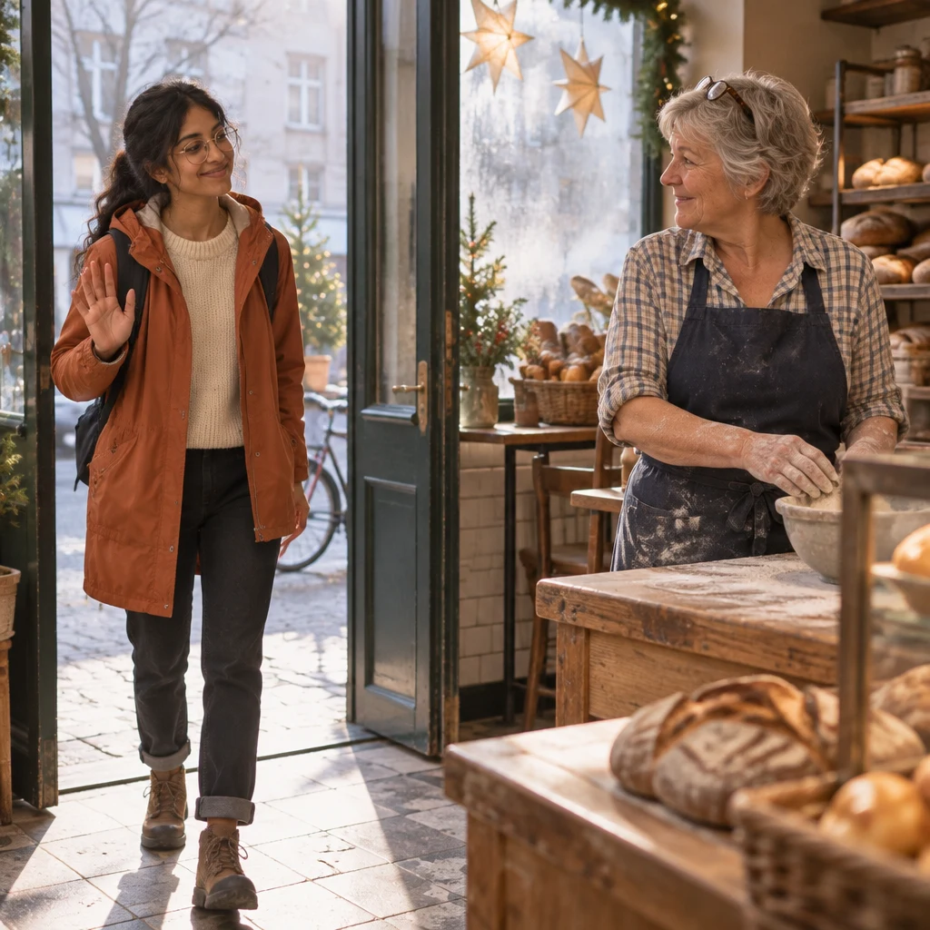Priya warmly greets Renate from just inside the bakery door.
