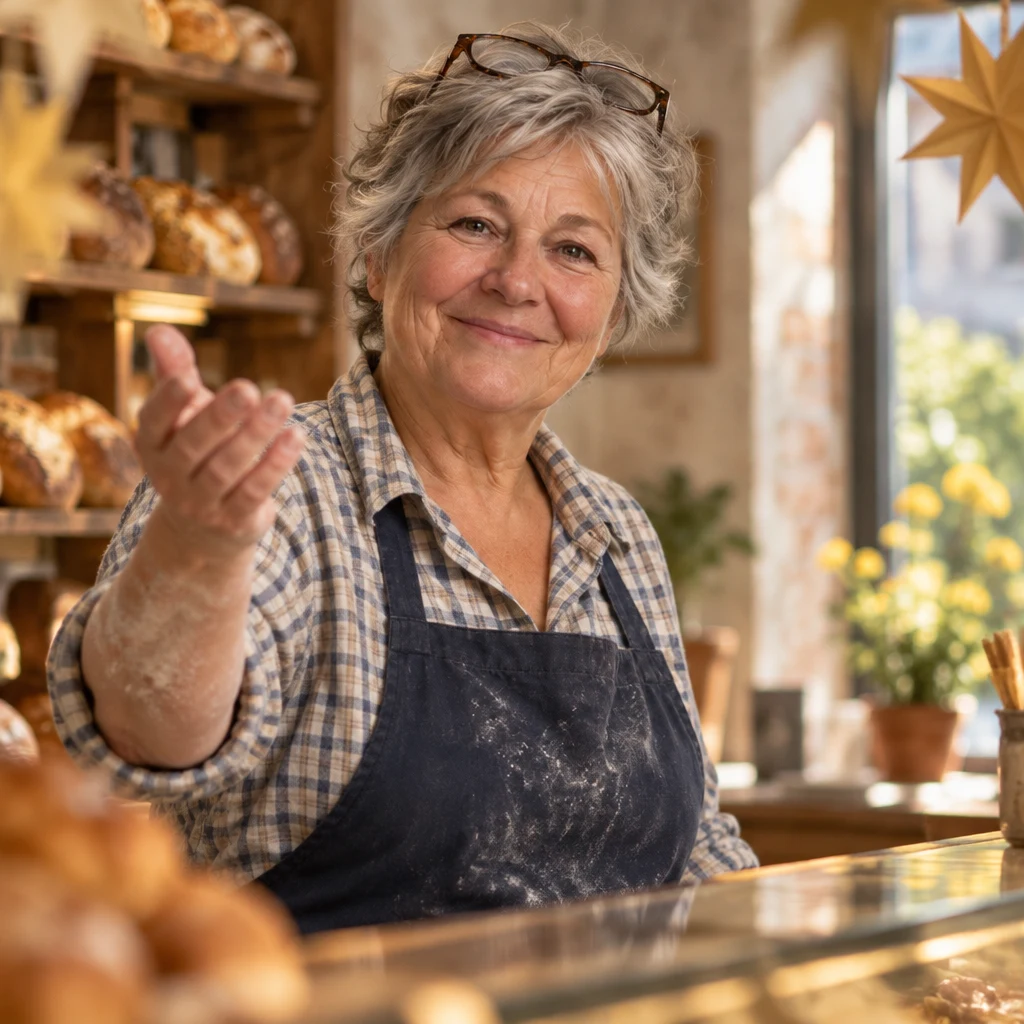 Renate turns toward the customer side with a welcoming response.