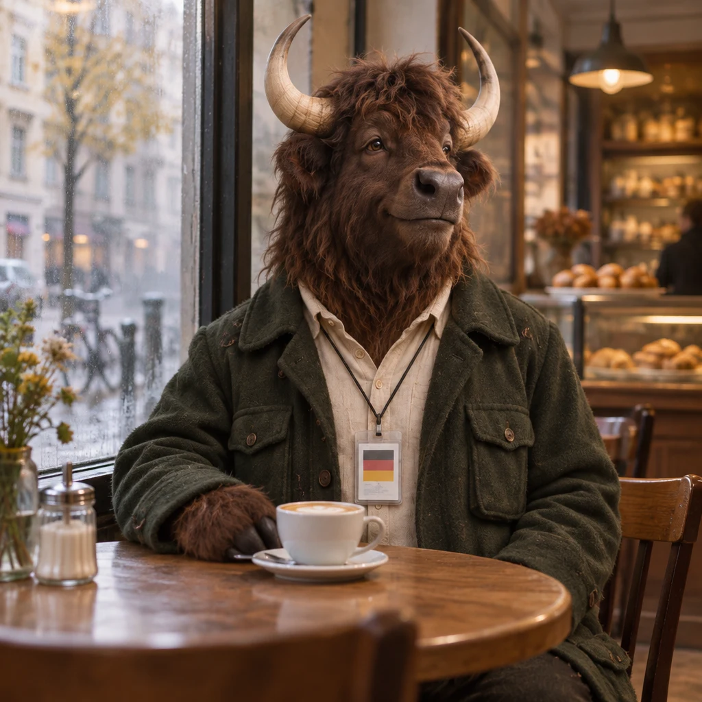 Anton sits at the corner table beside his untouched Milchkaffee.