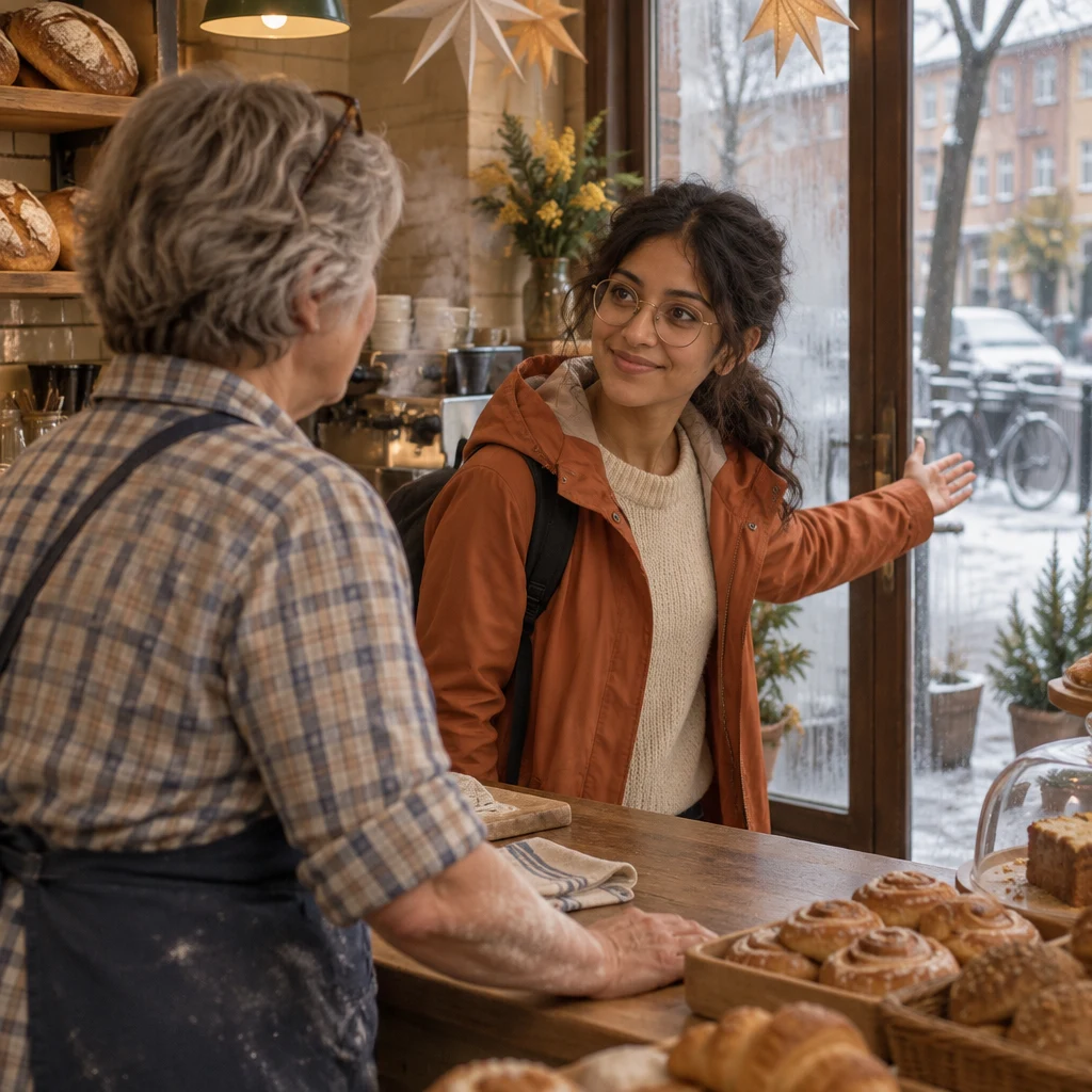 Priya invites Renate to go to the Christmas market together.