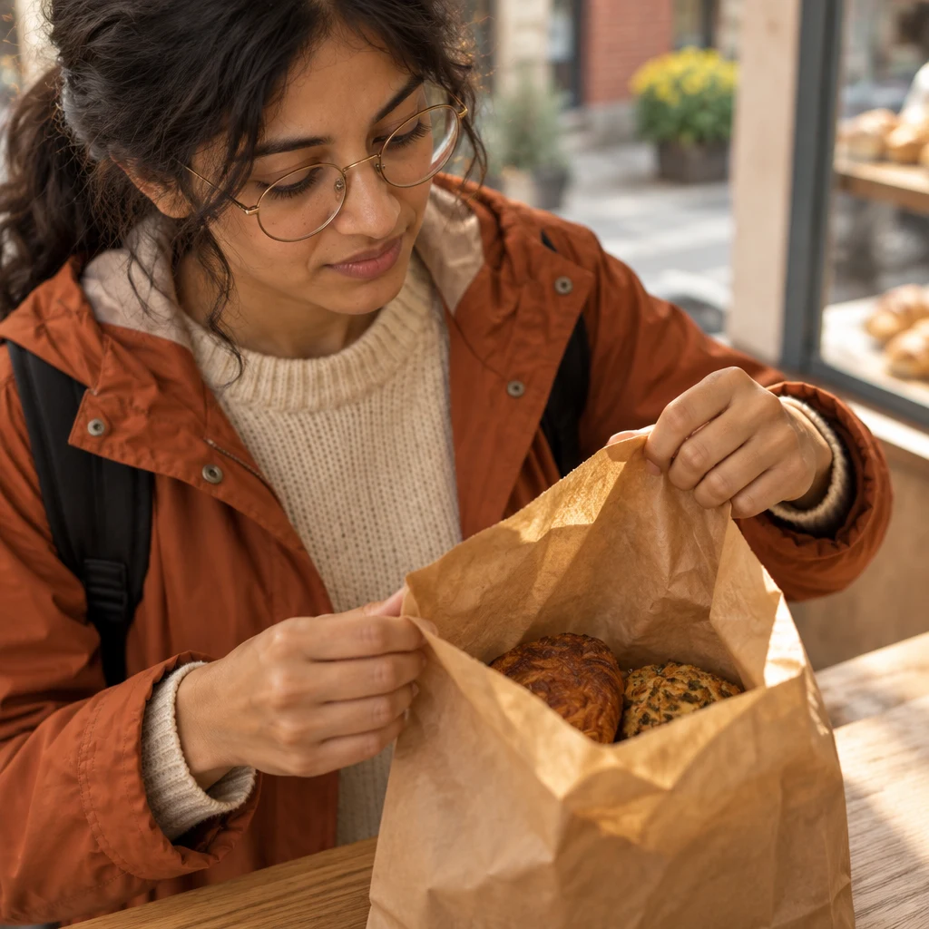 Priya looks into the open bag and checks the contents against what she expected.