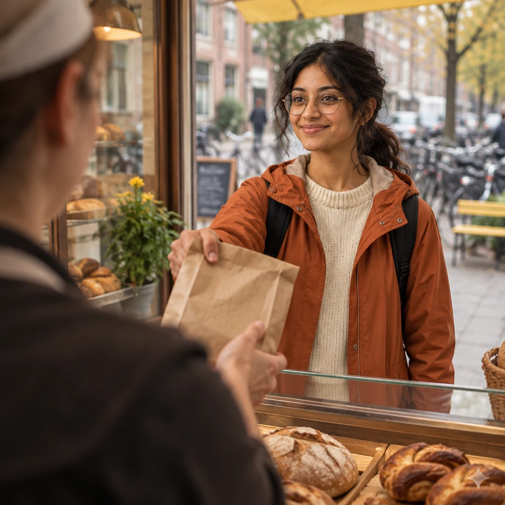 Priya holds the bag out toward the clerk and asks for the order to be sorted out.