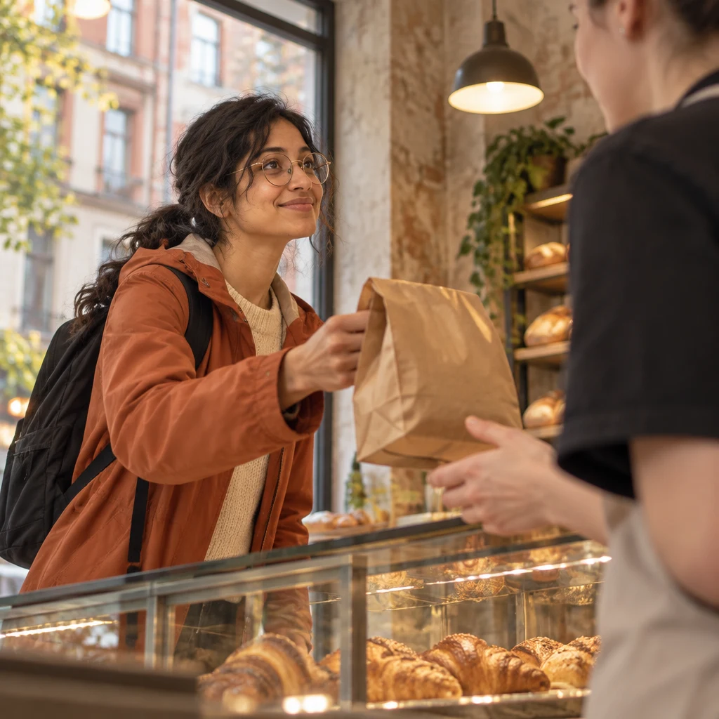 Priya offers the bag back to the clerk so the order can be put right.